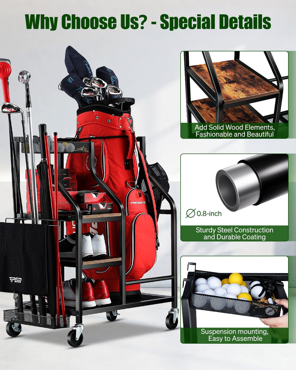 FHXZH wood-accent design adds stylish touch to garage golf storage.