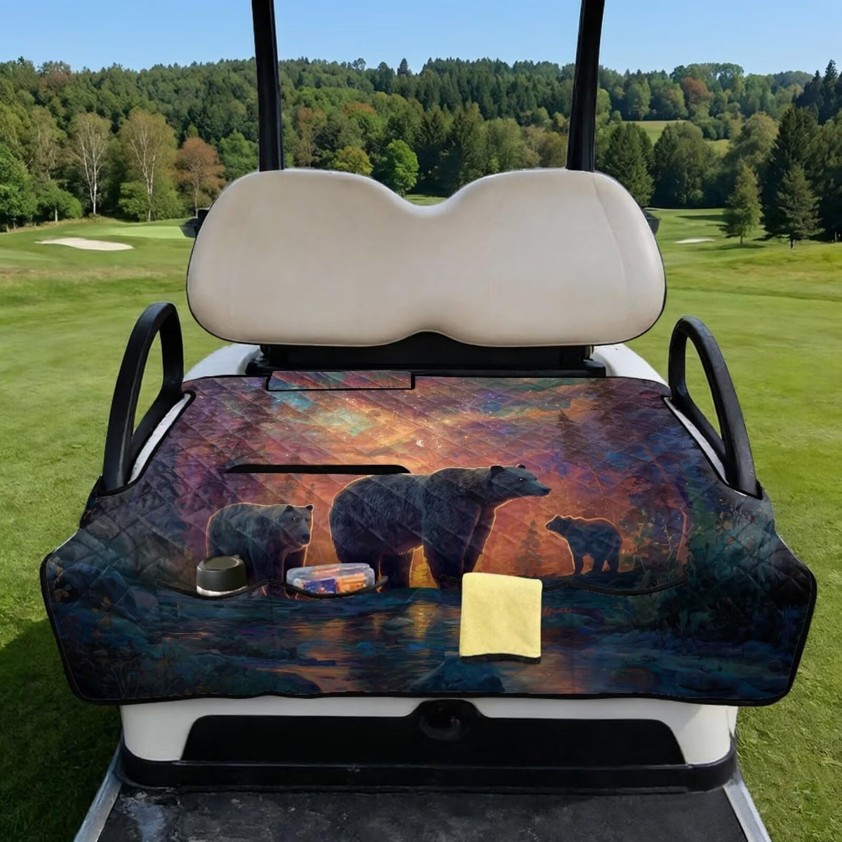 Finagallathe Starry Bear seat towel folded in its storage bag for easy carry