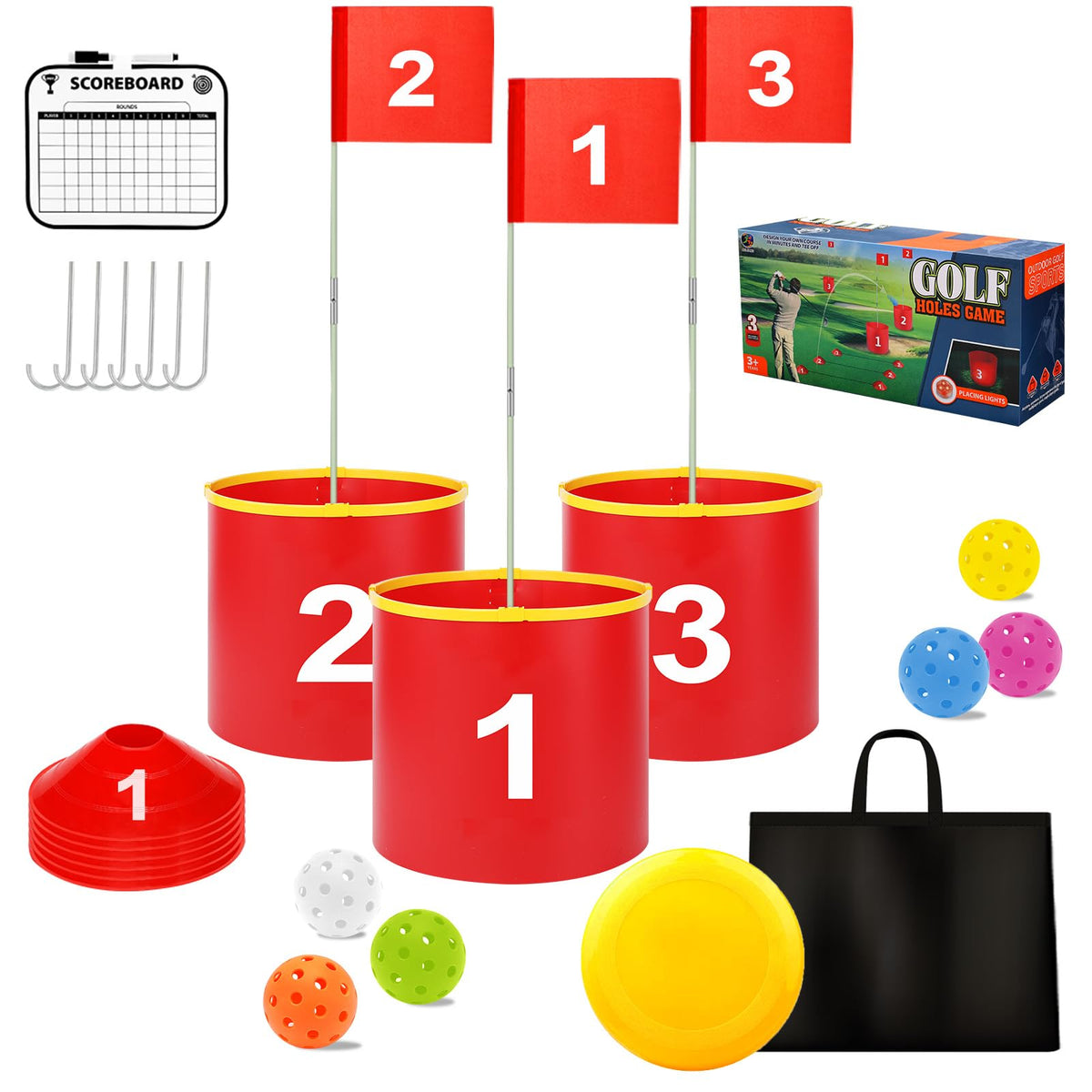 FINCOME Golf Yard Set with three holes for backyard practice and family fun.