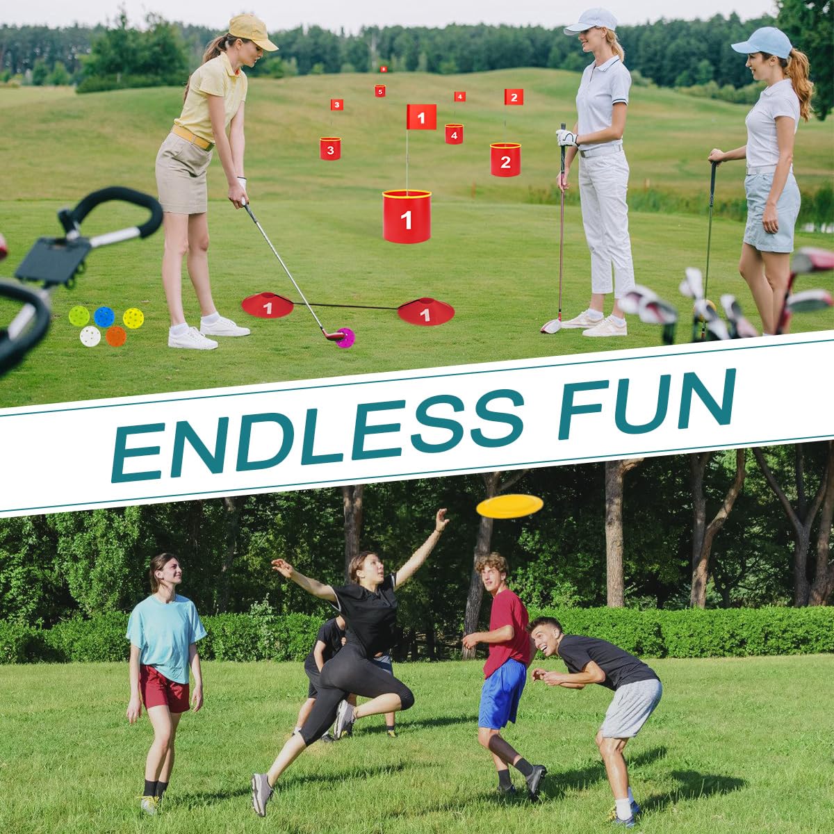 FINCOME flying disc adds extra activity during outdoor golf games.