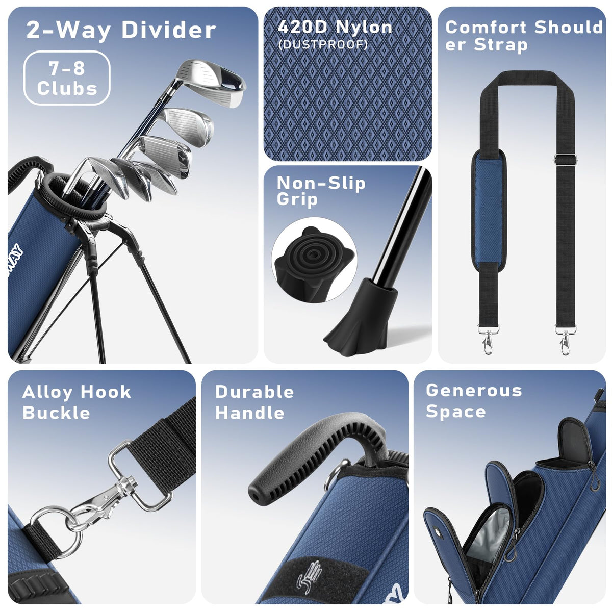 Findway golf stand bag ball compartment holds up to eight balls.