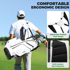 Findway golf bag dual straps image emphasizes gentle relief on shoulders