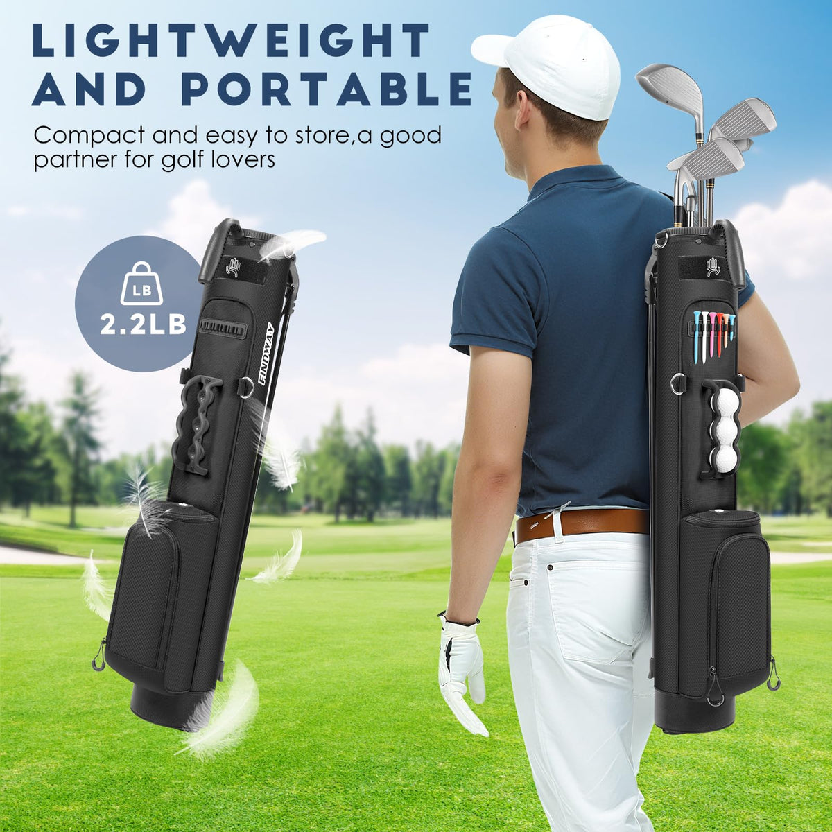 Findway bag with multiple pockets for valuables and tees on the range