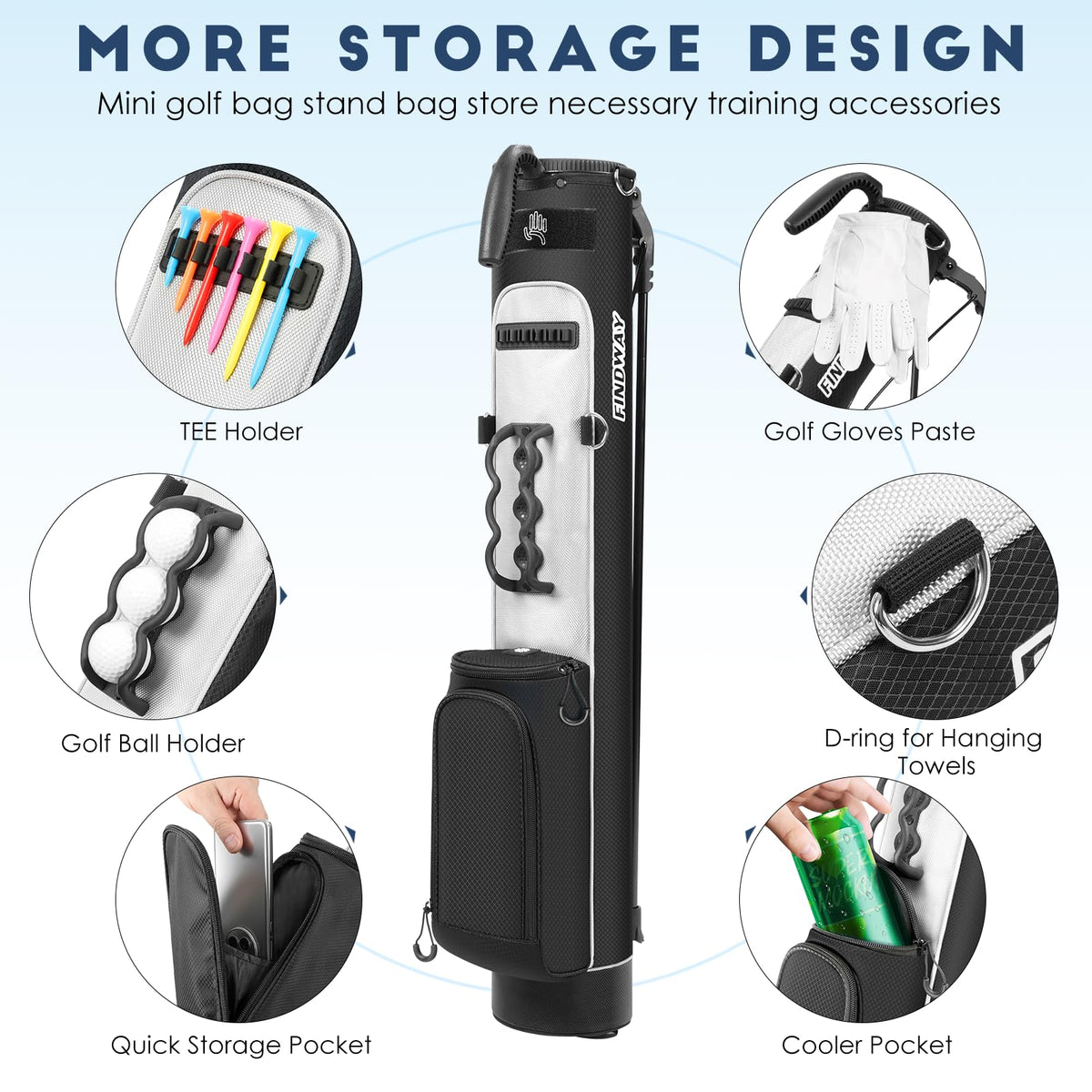 Findway top two-way compartment prevents club tangling and keeps gear organized.