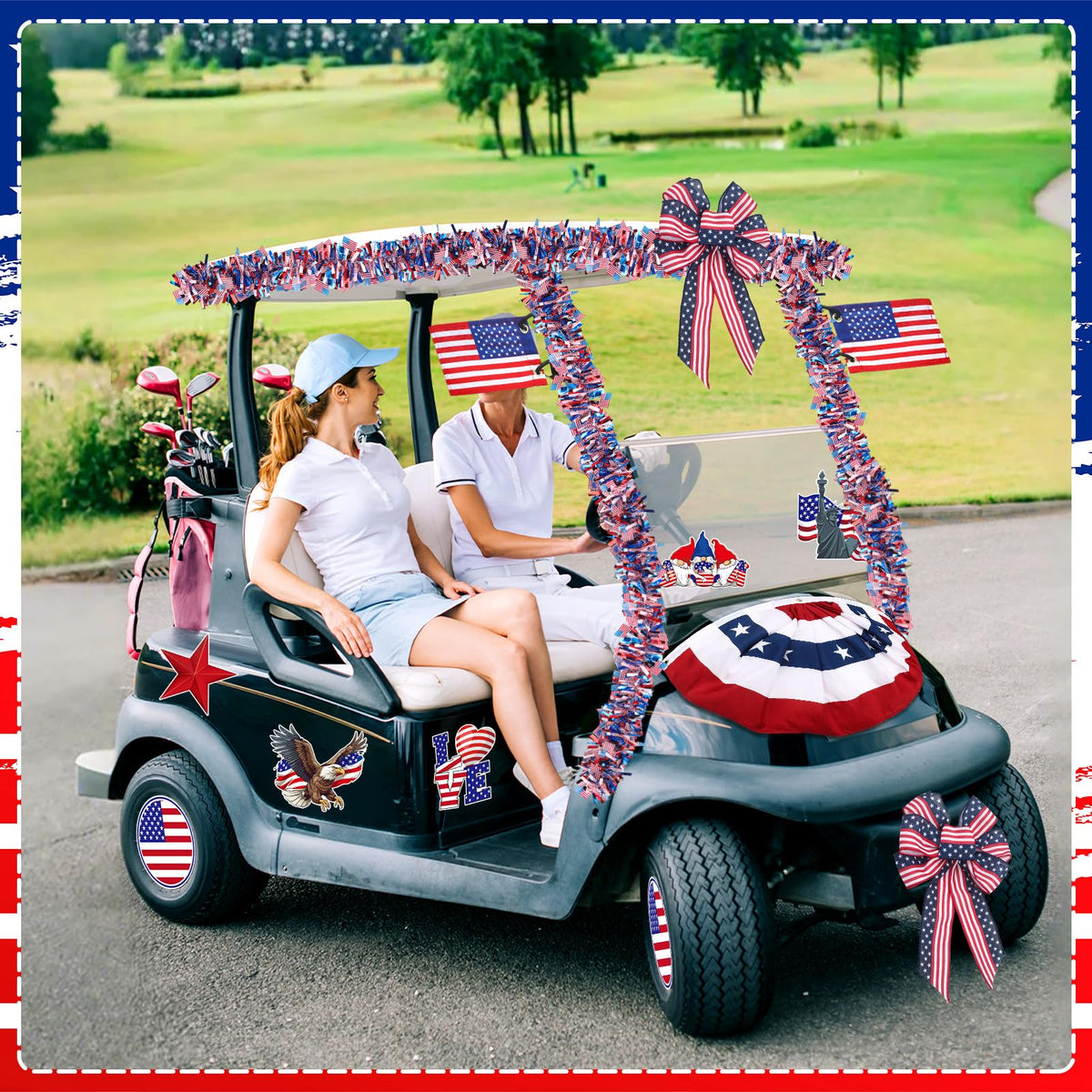 FineCheer body decals on golf cart add bold patriotic accents.