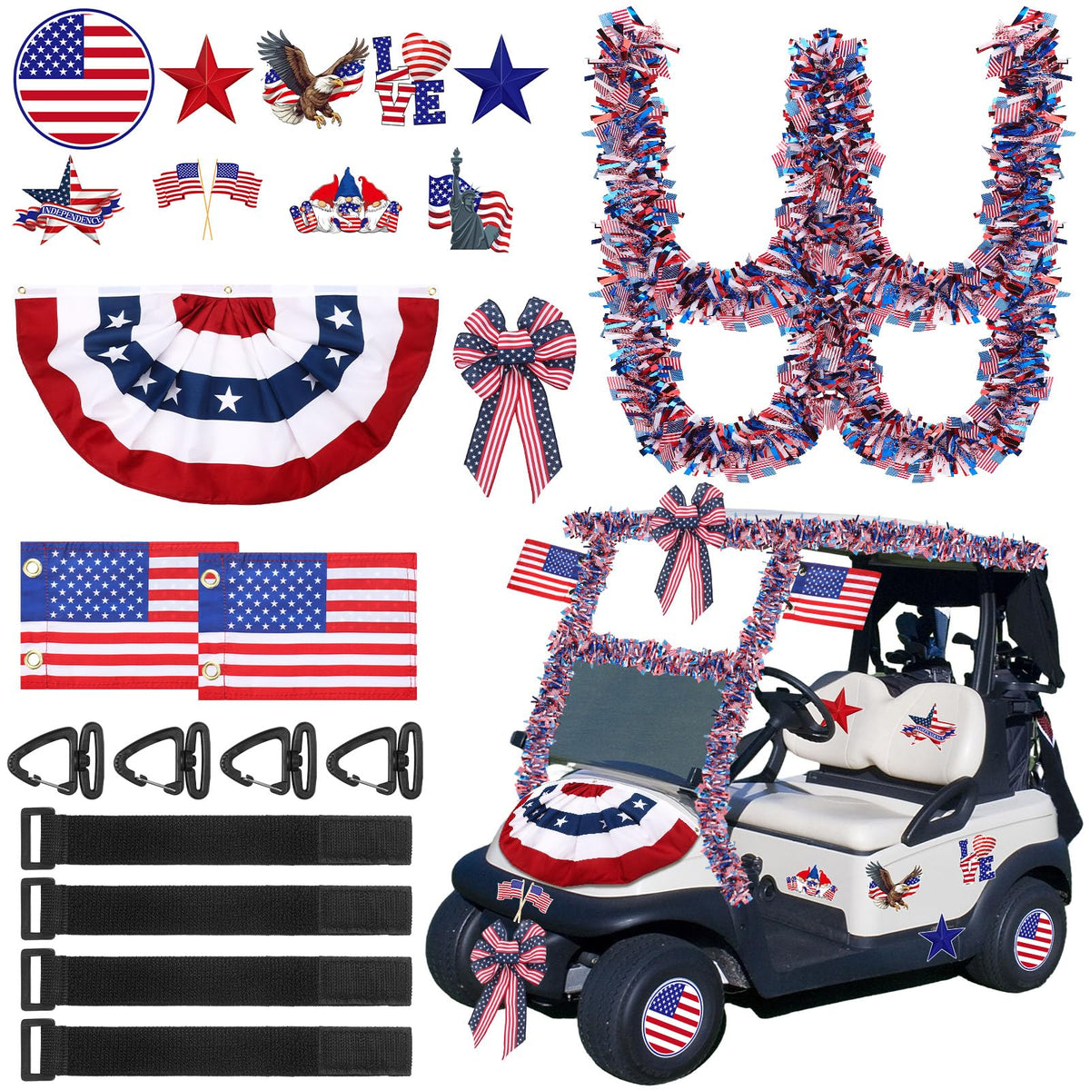 FineCheer independence day bunting flag on golf cart for festive parades.