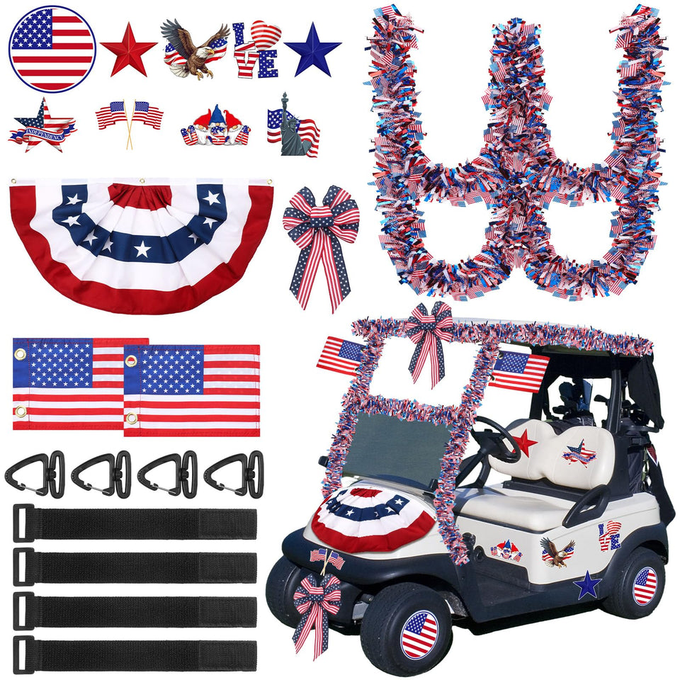 FineCheer independence day bunting flag on golf cart for festive parades.