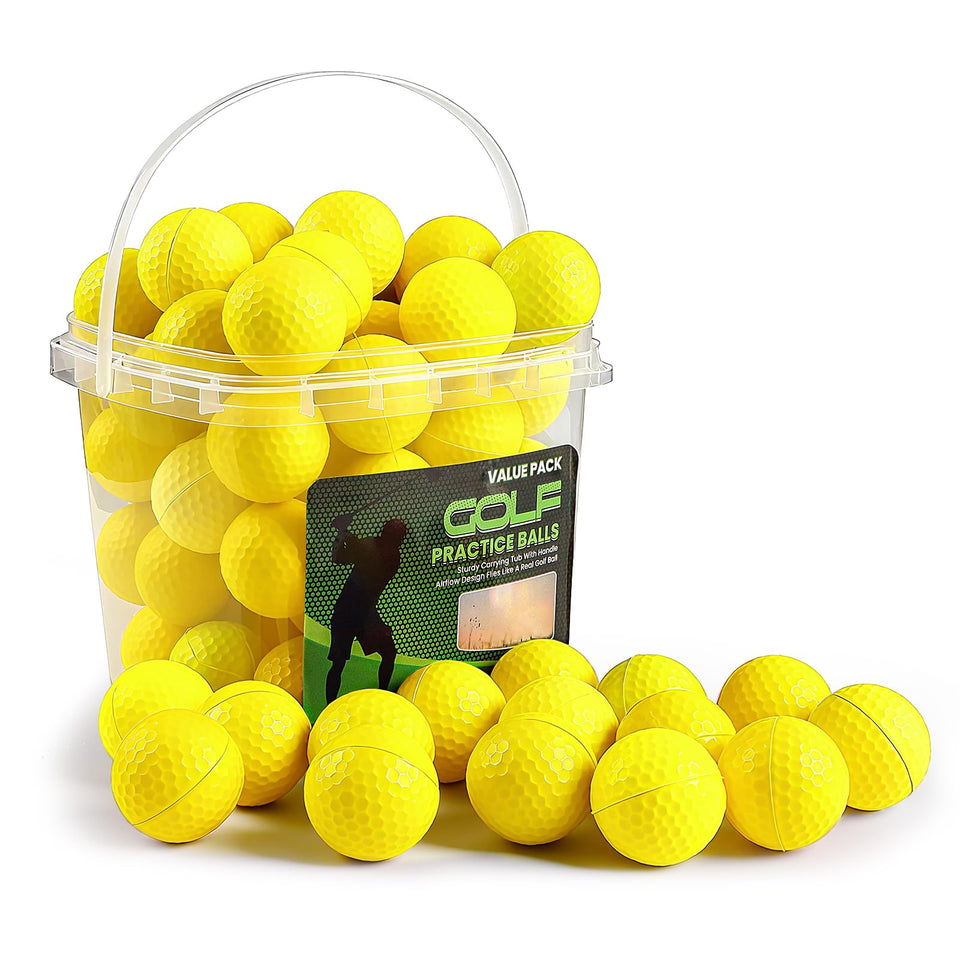 FINGER TEN foam golf balls in bucket ready for safe indoor practice.