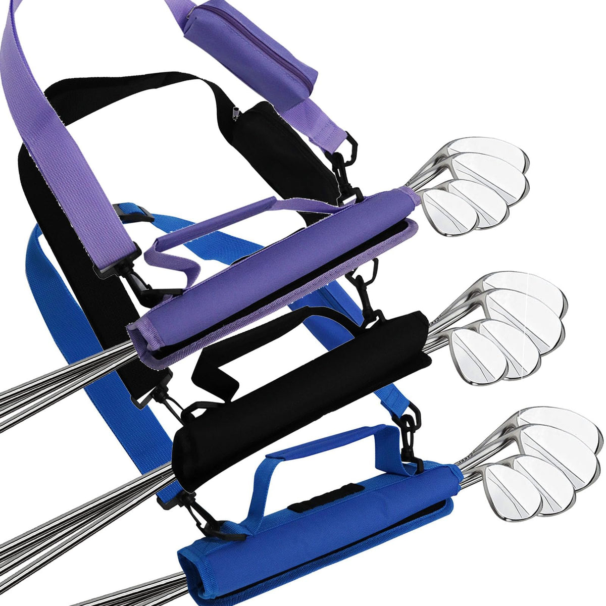 Finger Ten lightweight golf bags 3-pack in black, blue, and purple for easy on-course transport.