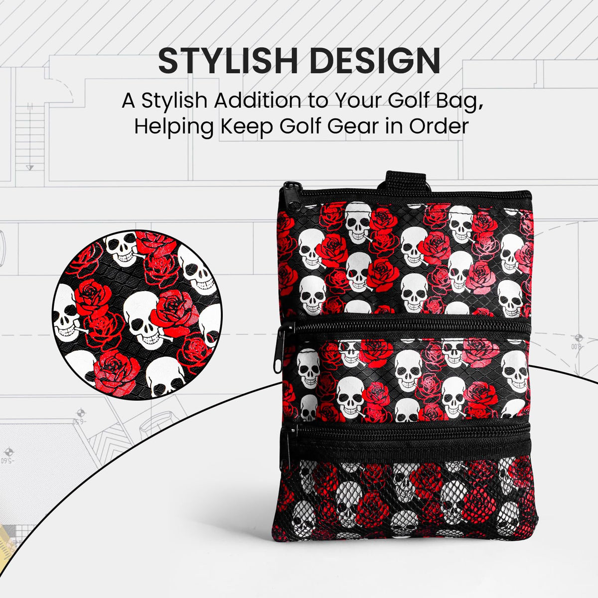 FINGER TEN Rose golf pouch back view highlights compact portability.