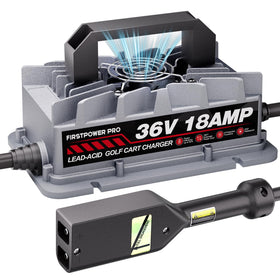 FirstPower Pro 36V EZGO TXT charger front view with secure D Style plug for quick charging.
