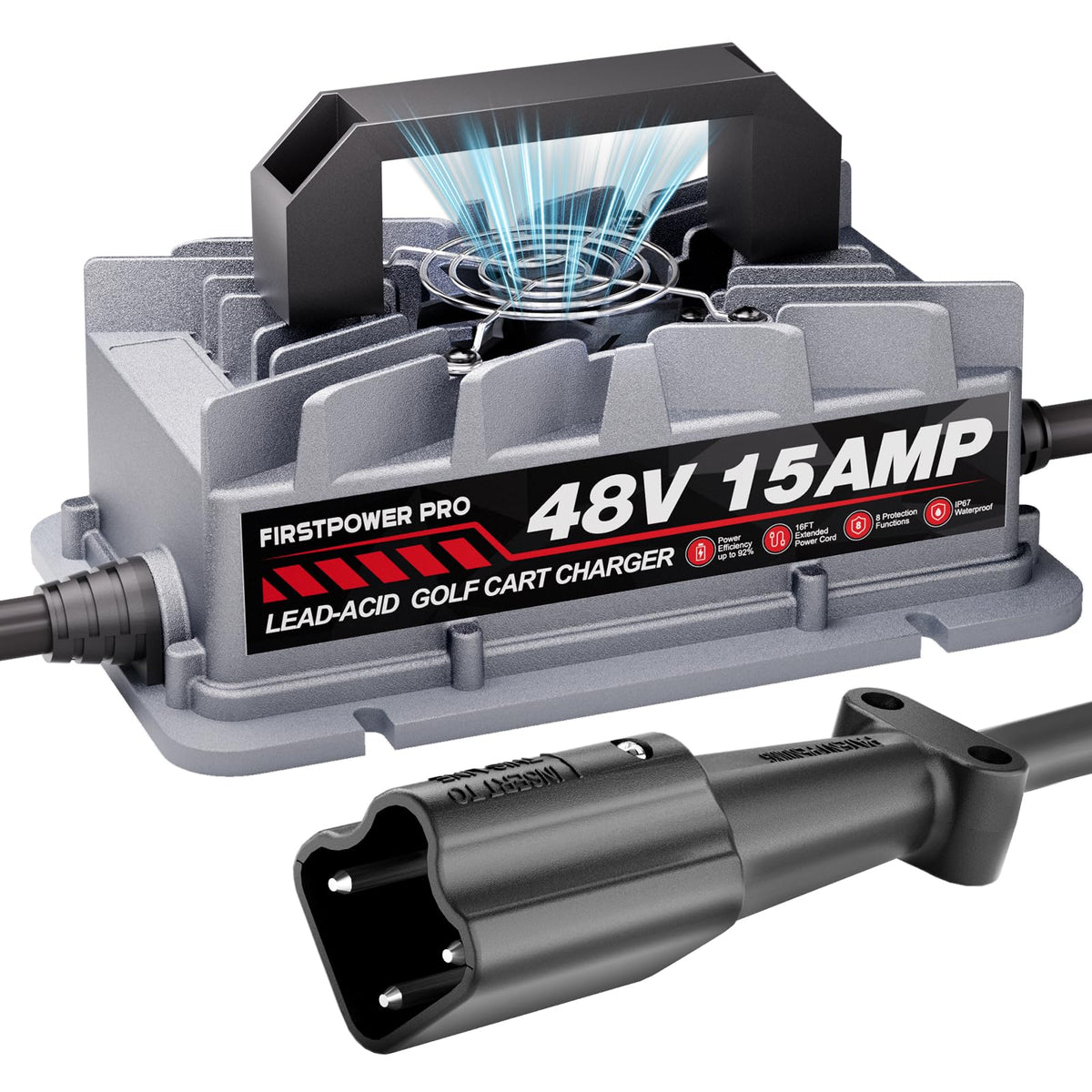 FirstPower Pro 48V charger with leaf plug enables quick plug-and-charge for Yamaha G29