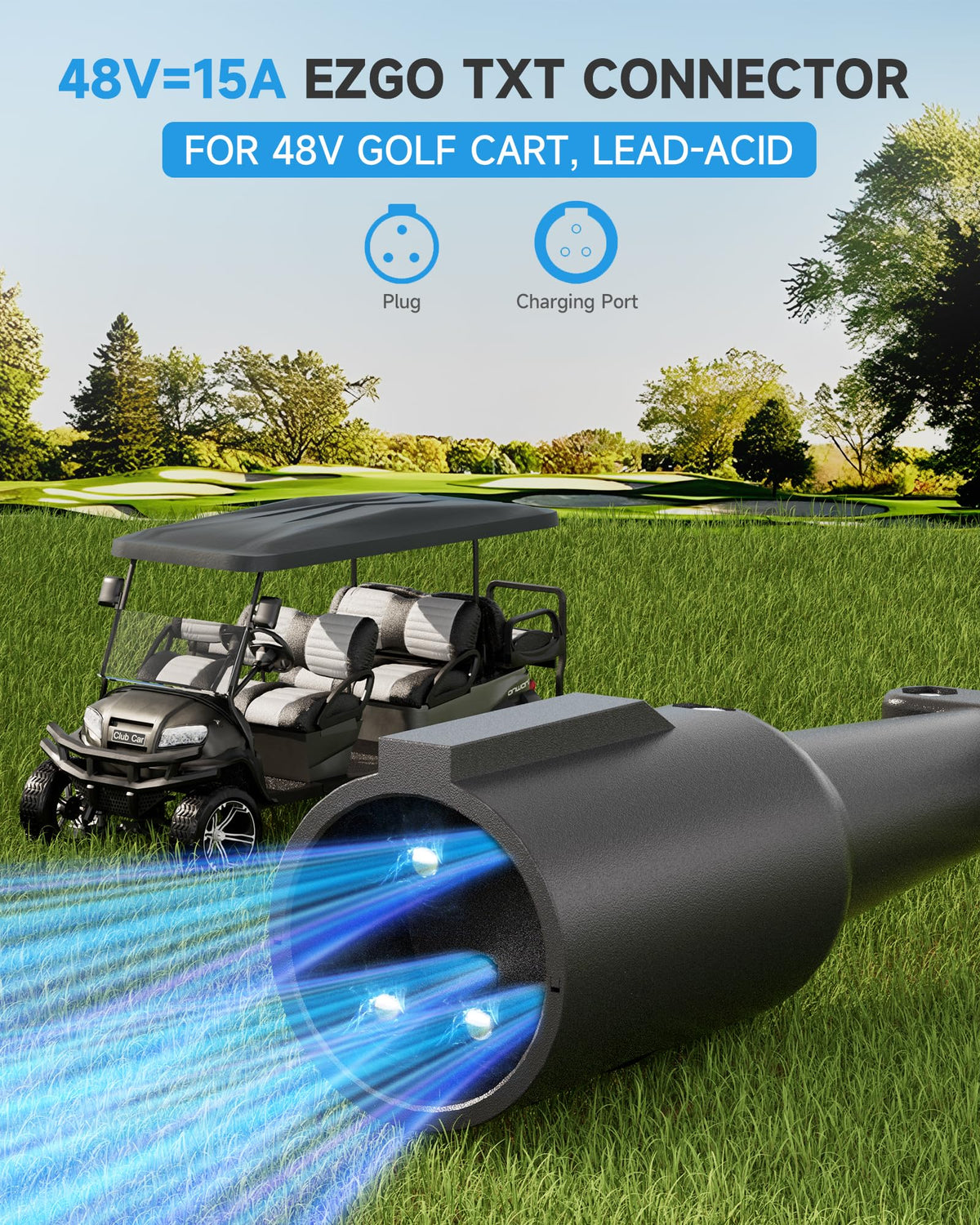FirstPower Pro Club Car Charger plug-and-charge front view demonstrates quick, easy setup.