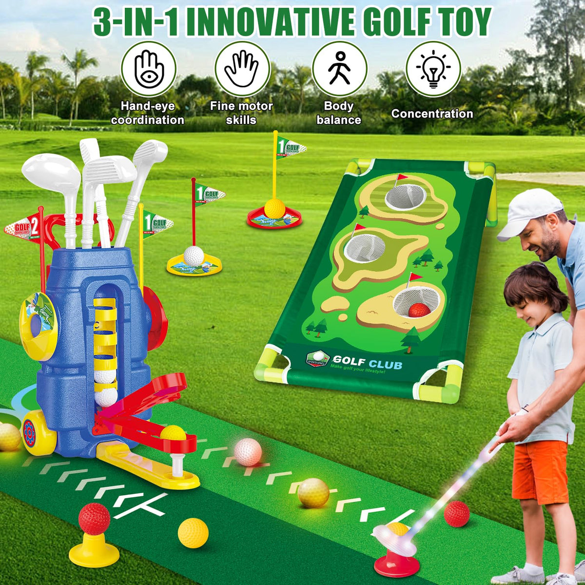 Fistone toddler golf set with foot-pedal launcher for quick shots.