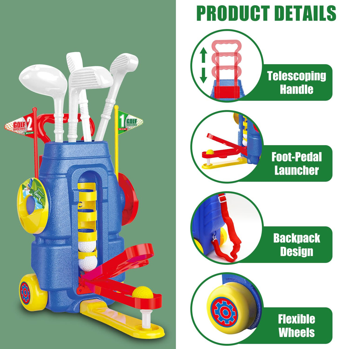 Fistone toddler golf set cart with retractable handle for easy transport.