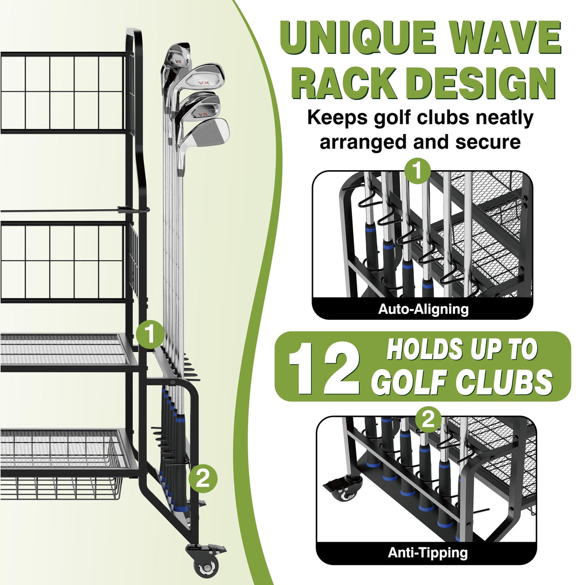 Two ball drawers store up to 108 balls and tees for easy access