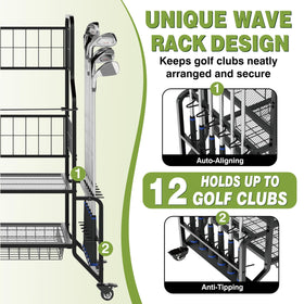Two ball drawers store up to 108 balls and tees for easy access