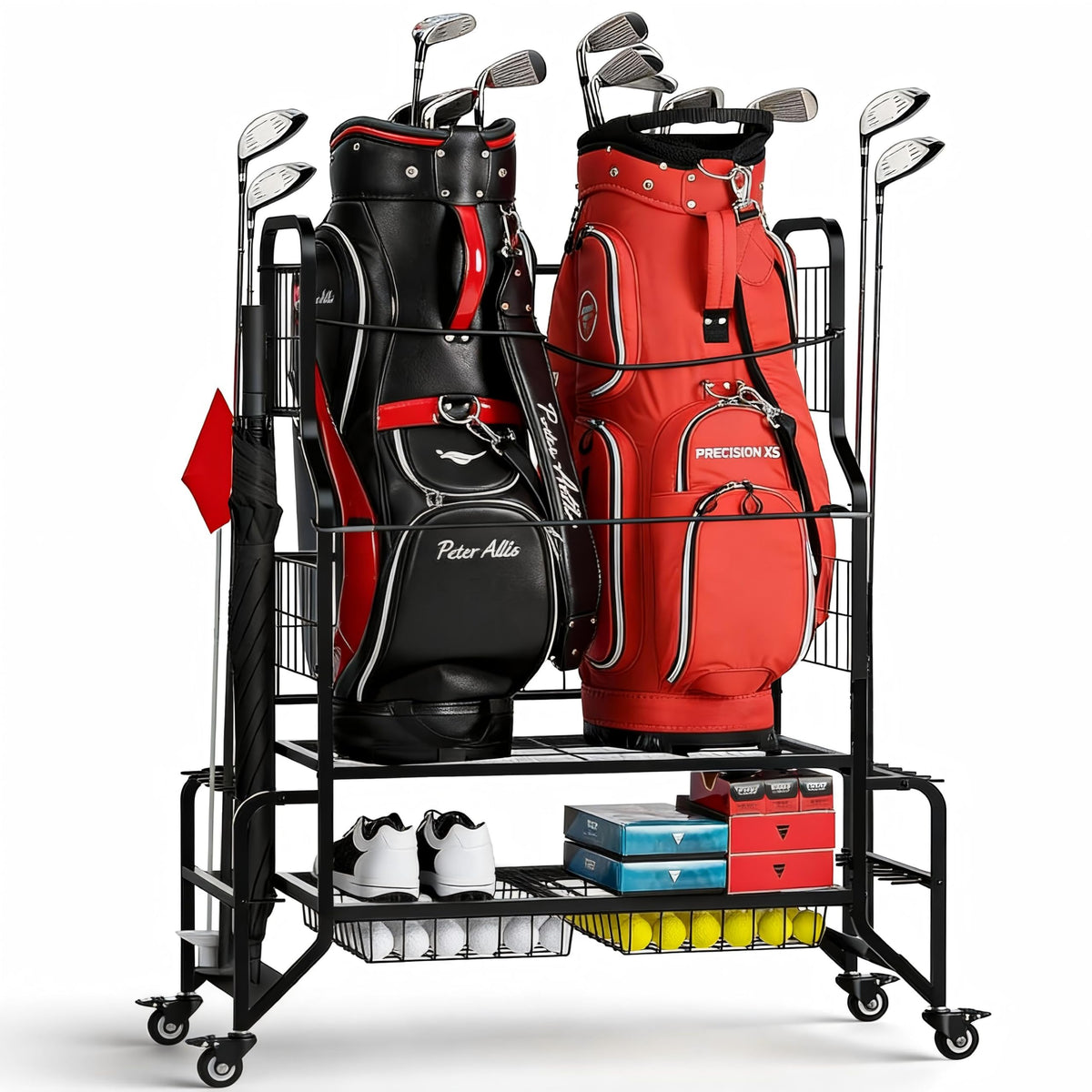 Fitpoint golf bag storage stand with two full-size bags, neatly organized gear