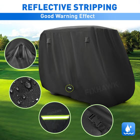 FIXHAWK 2+2/4-seat cover showing versatile fit for different cart configurations.