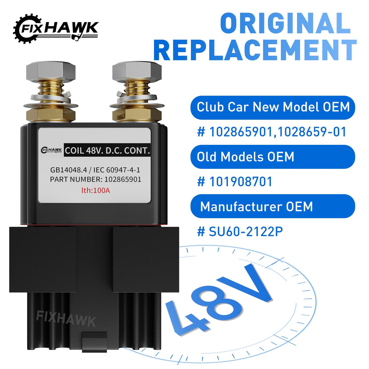 FIXHAWK 48V Club Car solenoid side view showing compact profile for easy fit