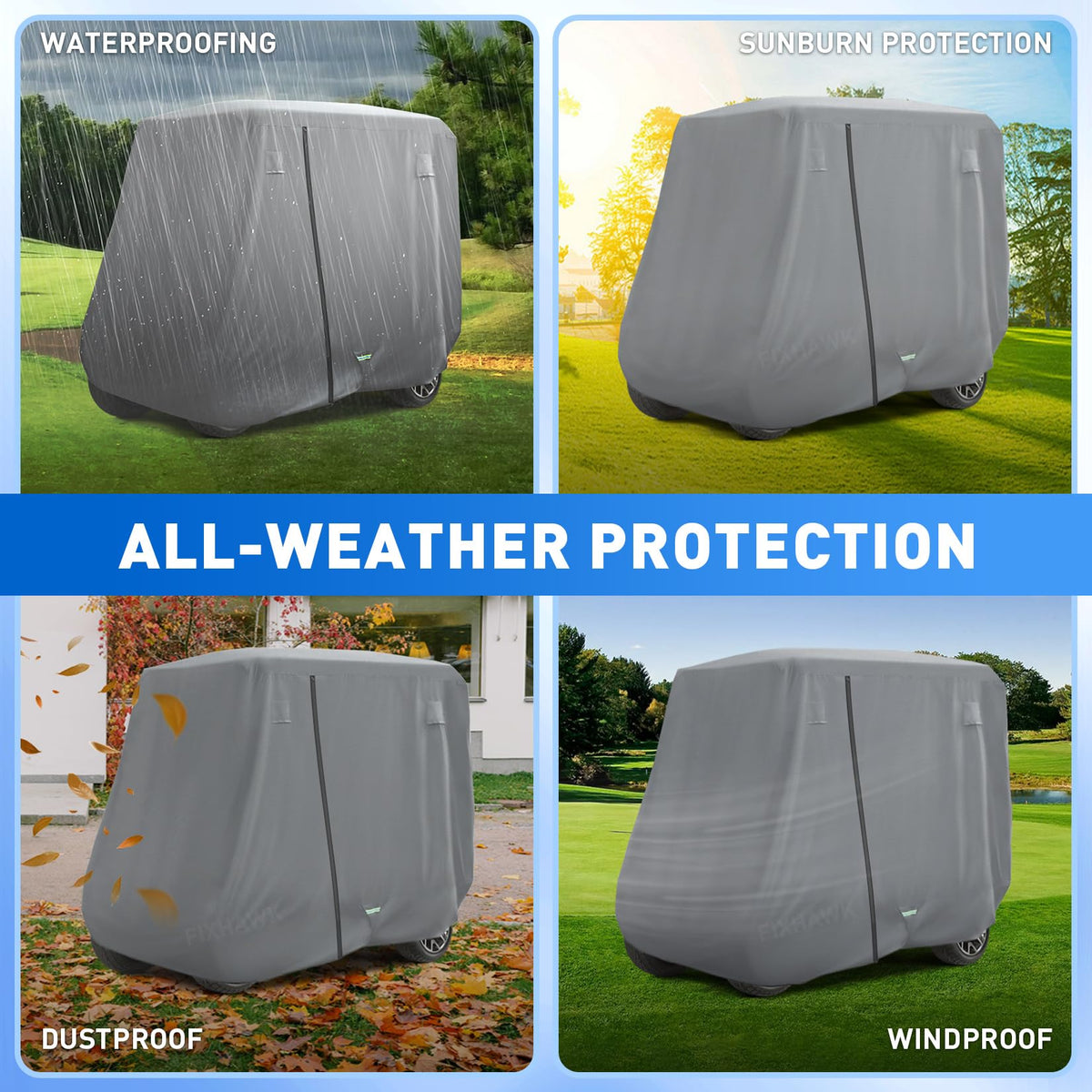 FIXHAWK all-weather protection for golf carts in sun, rain and dust.
