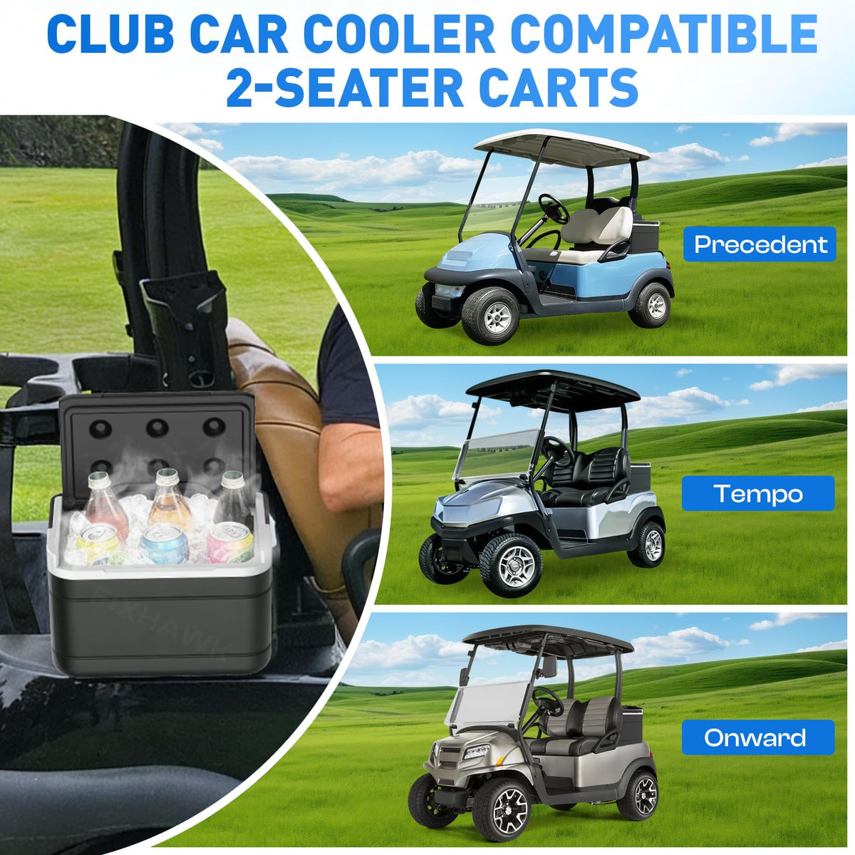 Fixhawk Club Car Precedent cooler on cart demonstrates portable beverage solution