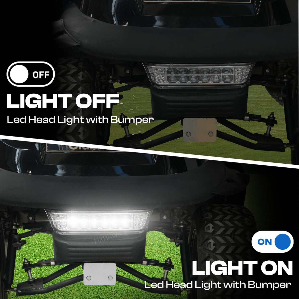 Close-up of FIXHAWK LED headlight showing brightness for Club Car Precedent.
