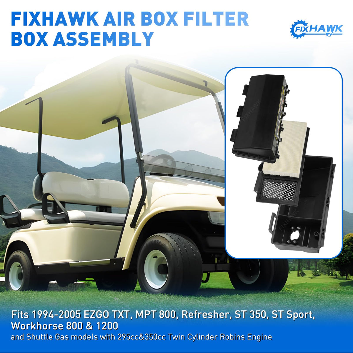 FIXHAWK EZGO air filter box installation guide shows straightforward mounting.