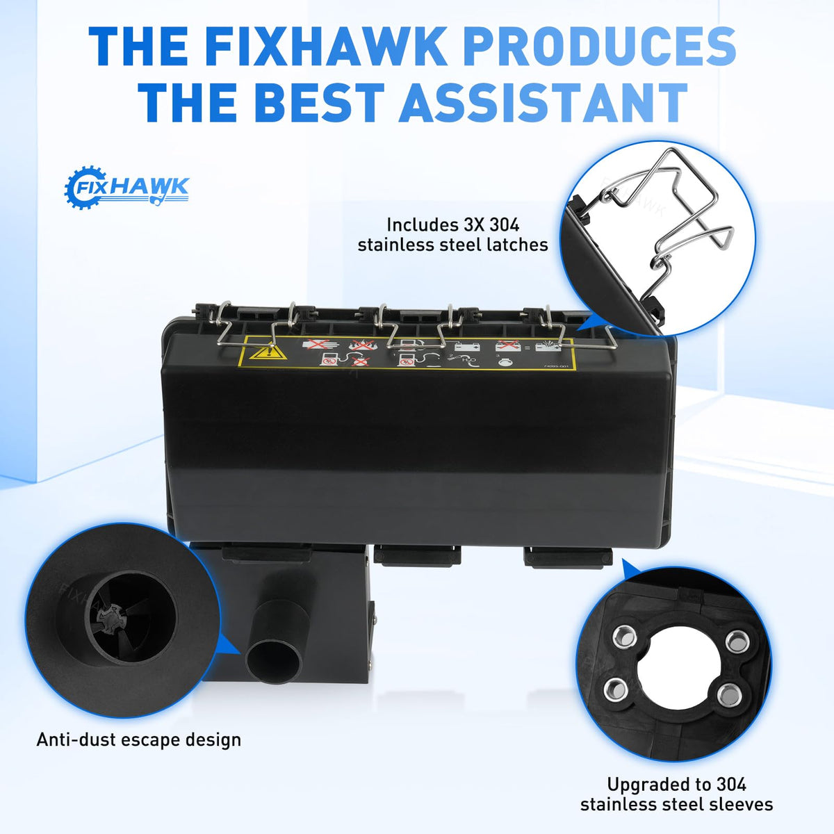 FIXHAWK EZGO air filter cover and housing shows corrosion-resistant stainless steel construction.
