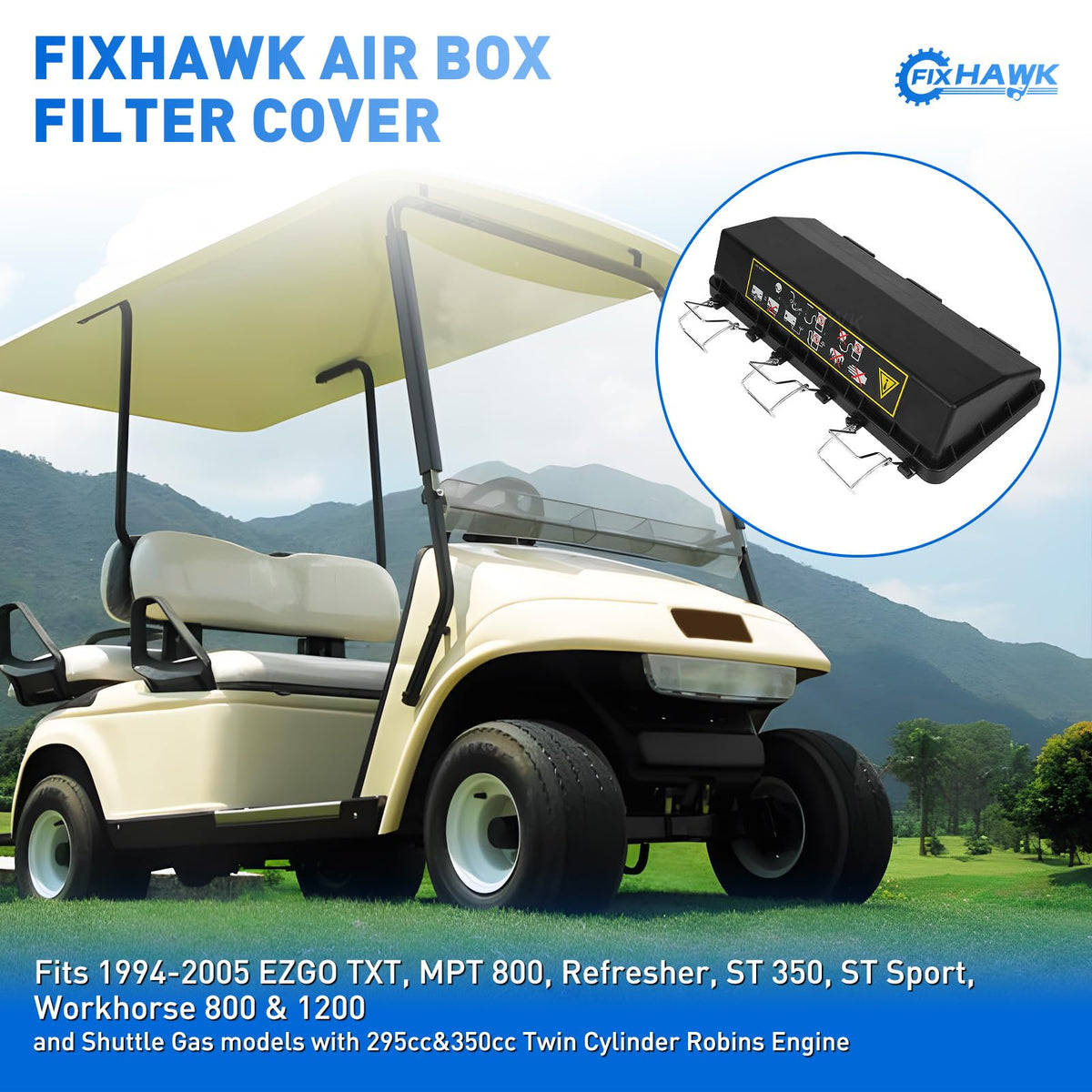 Overall view of FIXHAWK EZGO air filter housing upgrade.
