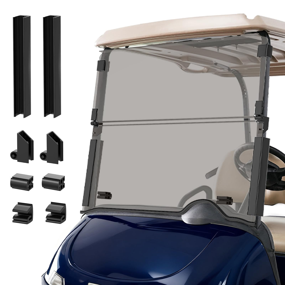 FIXHAWK EZGO RXV windshield folded for compact storage and easy transport.