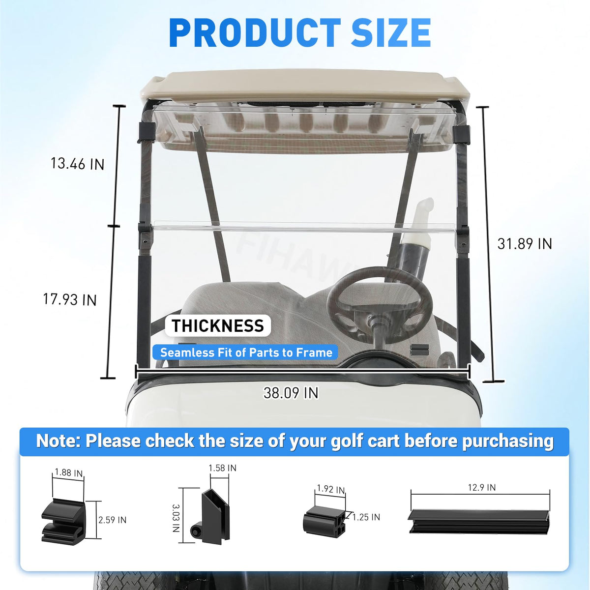FIXHAWK EZGO RXV windshield material emphasizes anti-UV and anti-glare properties.