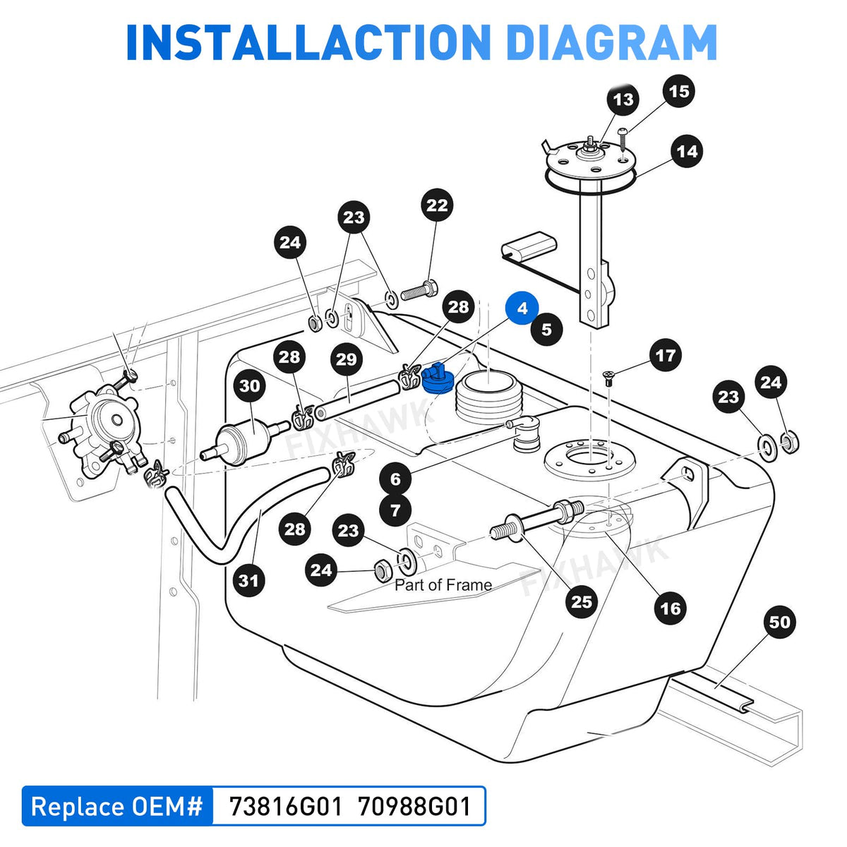 FIXHAWK EZGO siphon tube OEM-replace confirms compatibility with OEM numbers 73816G01 and 70988G01.