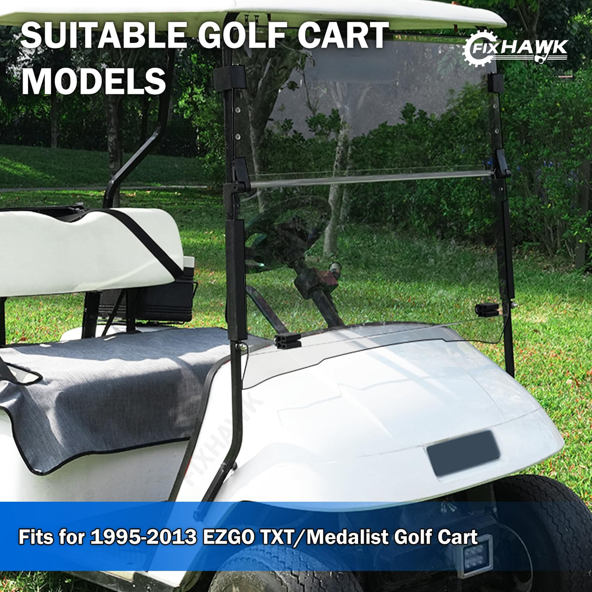 FIXHAWK EZGO windshield clip kit included for easy installation on TXT/DCS/PDS models.