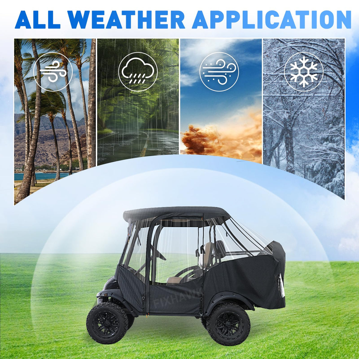 FIXHAWK golf cart enclosure shows clear windows for visibility