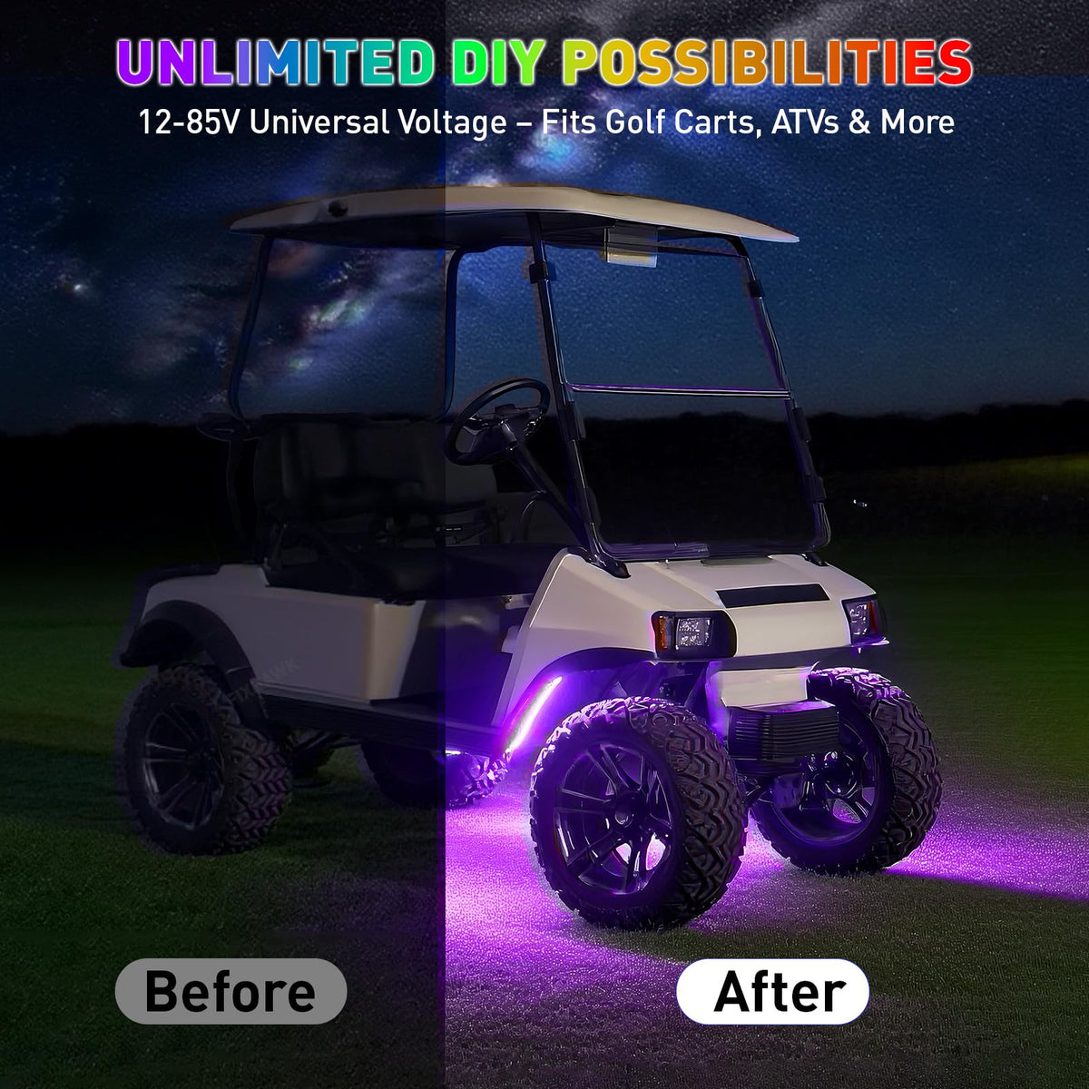 Dynamic lighting with music sync creates a party atmosphere during night rides.