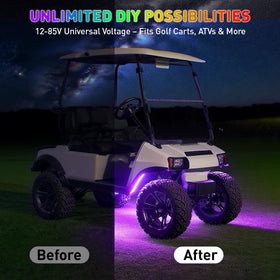 Dynamic lighting with music sync creates a party atmosphere during night rides.