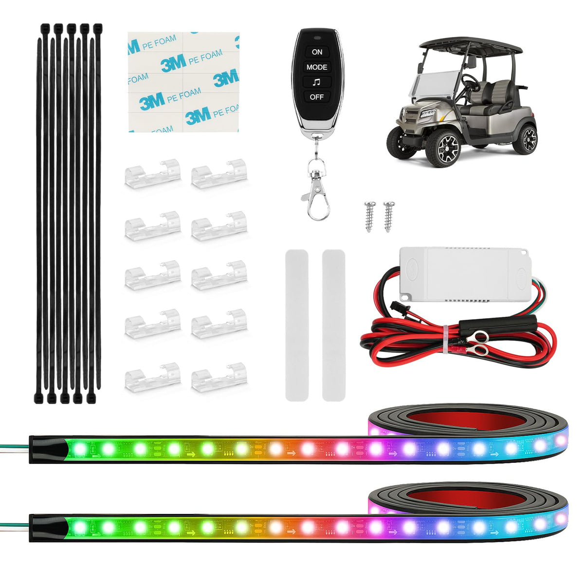 FIXHAWK underbody LED strip kit on a golf cart, waterproof and flexible for weatherproof styling.