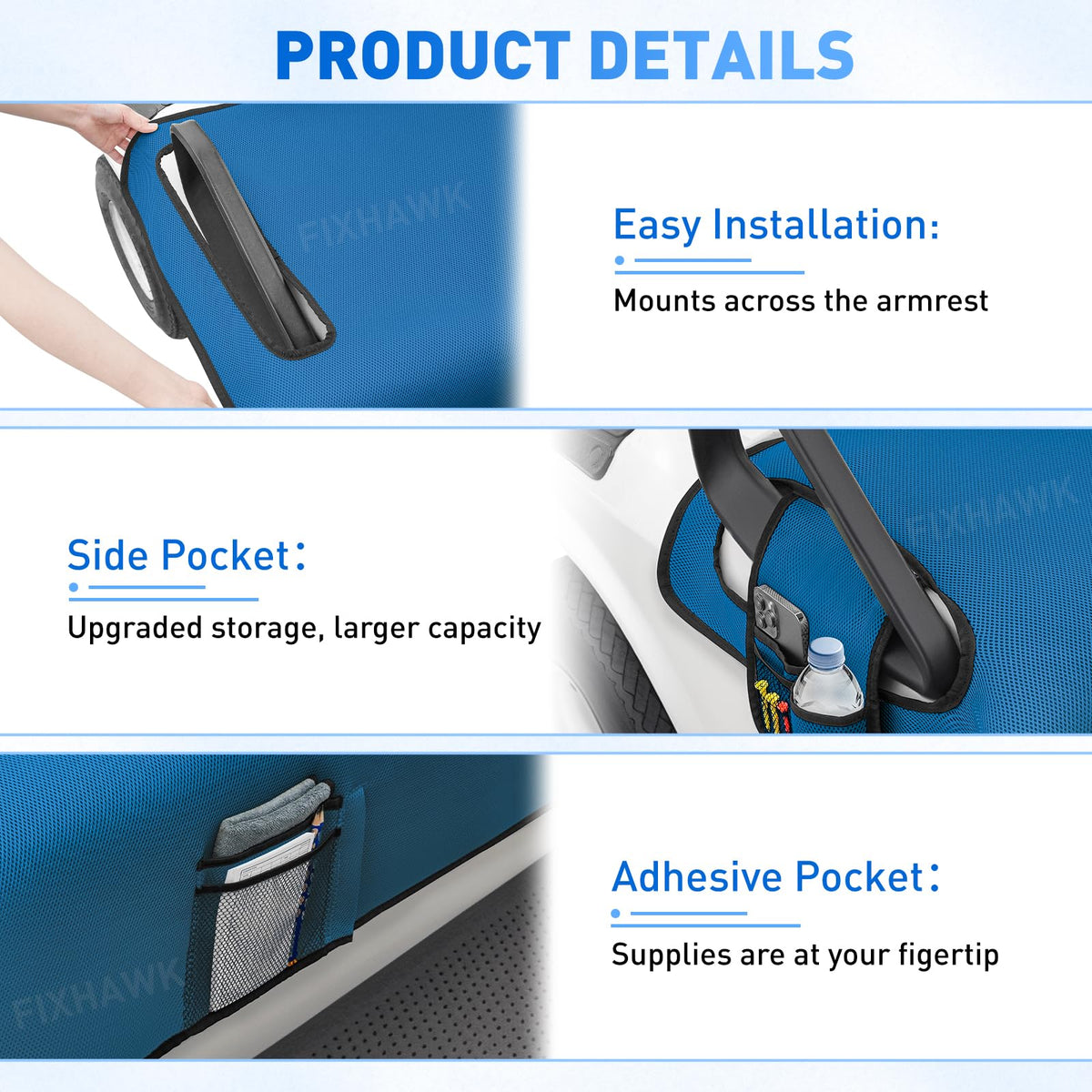 FIXHAWK seat blanket patch pocket detail for convenient storage