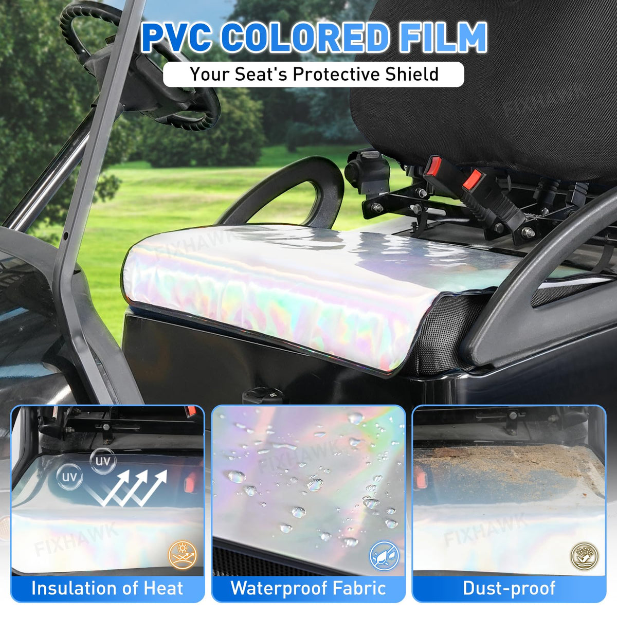 FIXHAWK elastic-fit seat cover for easy installation on golf carts.