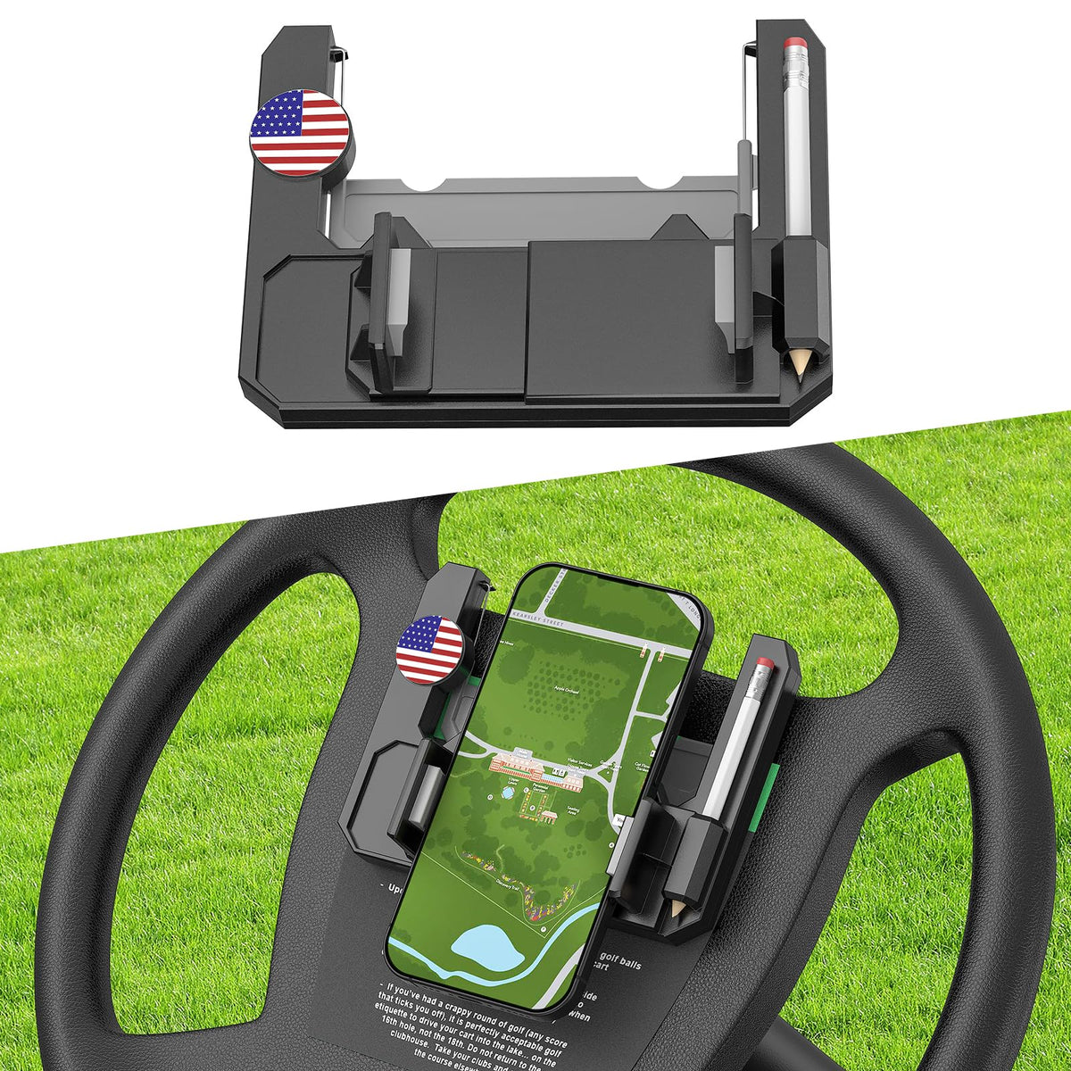 FIXHAWK golf cart steering wheel mount on original wheel for quick phone access.