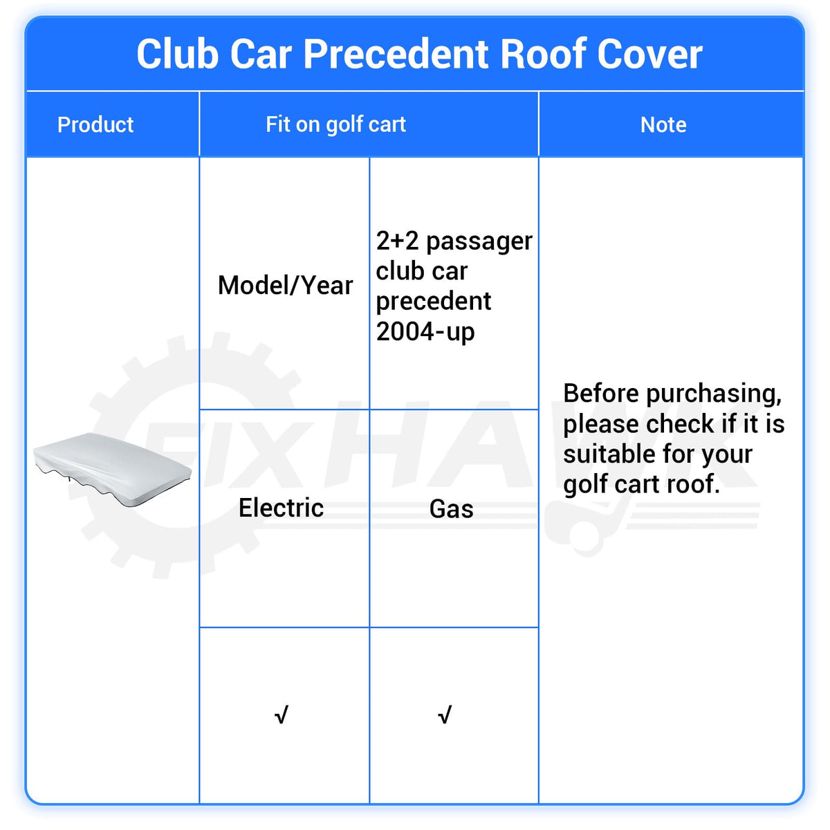 Includes one FIXHAWK sun shade for Club Car Precedent