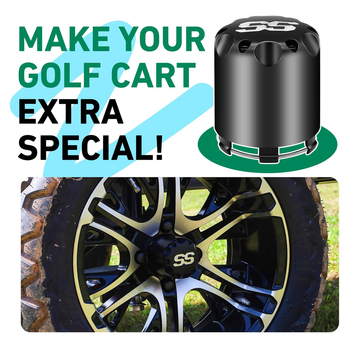 FIXHAWK hub caps installed on a golf cart wheel for a complete look