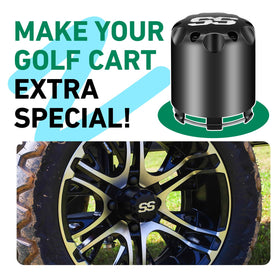 FIXHAWK hub caps installed on a golf cart wheel for a complete look