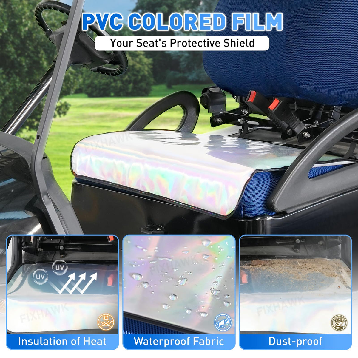 Elastic-edge FIXHAWK seat cover showing quick installation on a golf cart