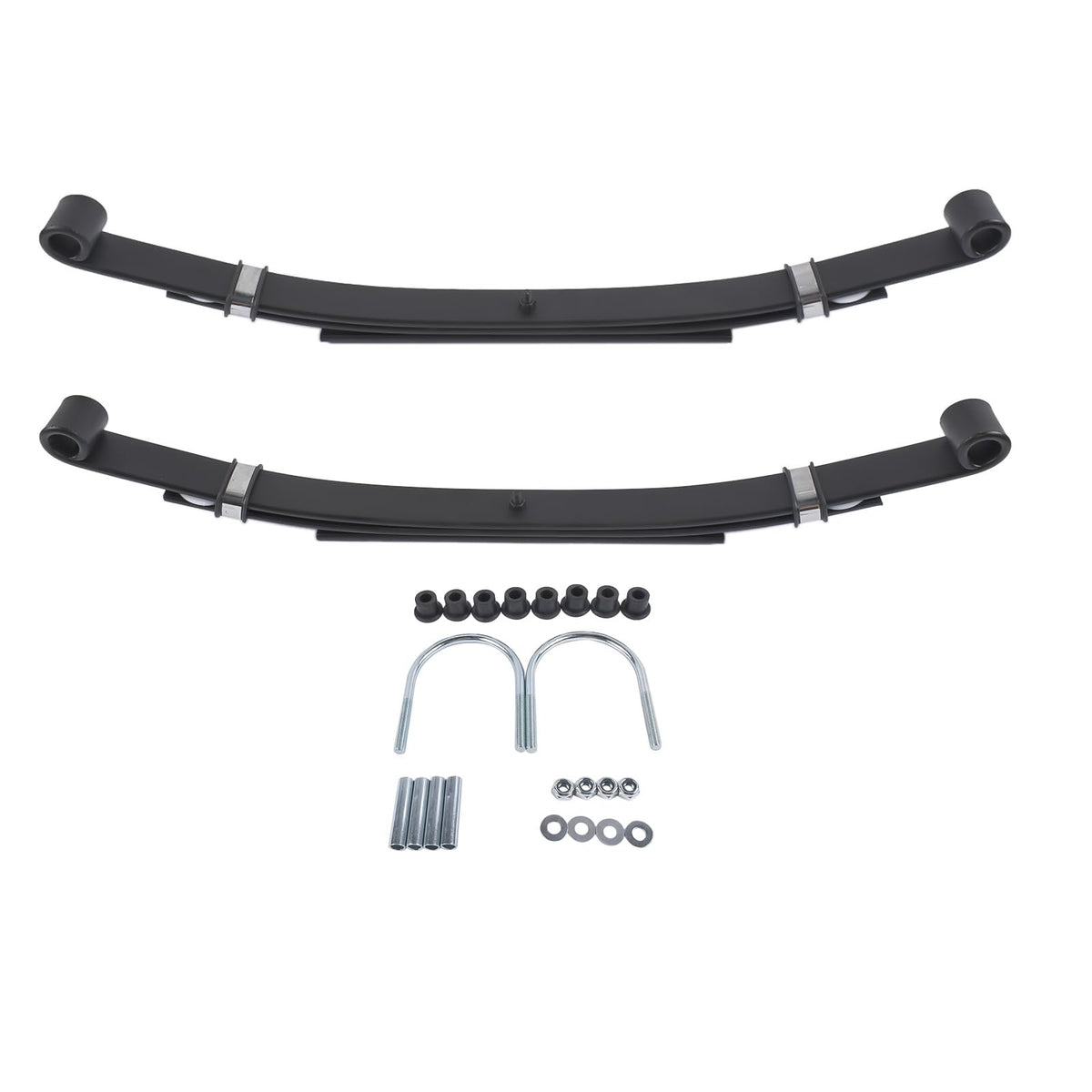Fizzvex Club Car DS rear 3-leaf spring kit front view, showcasing robust design for hauling