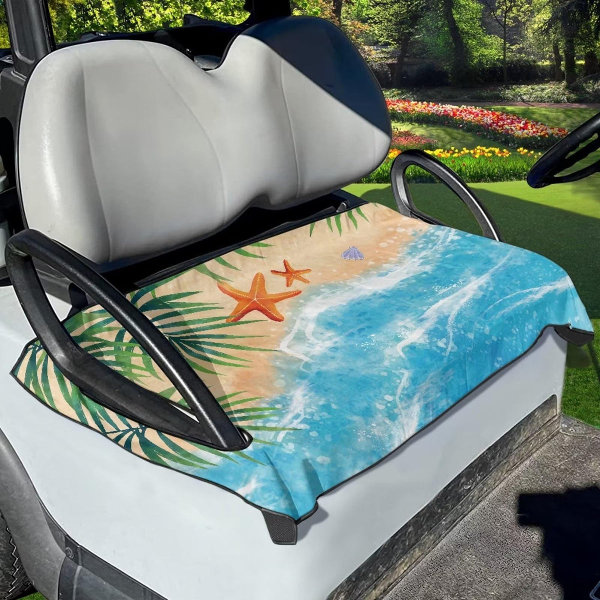 Flashideas Sandy Shore seat cover on a golf cart protects seats and keeps them clean.