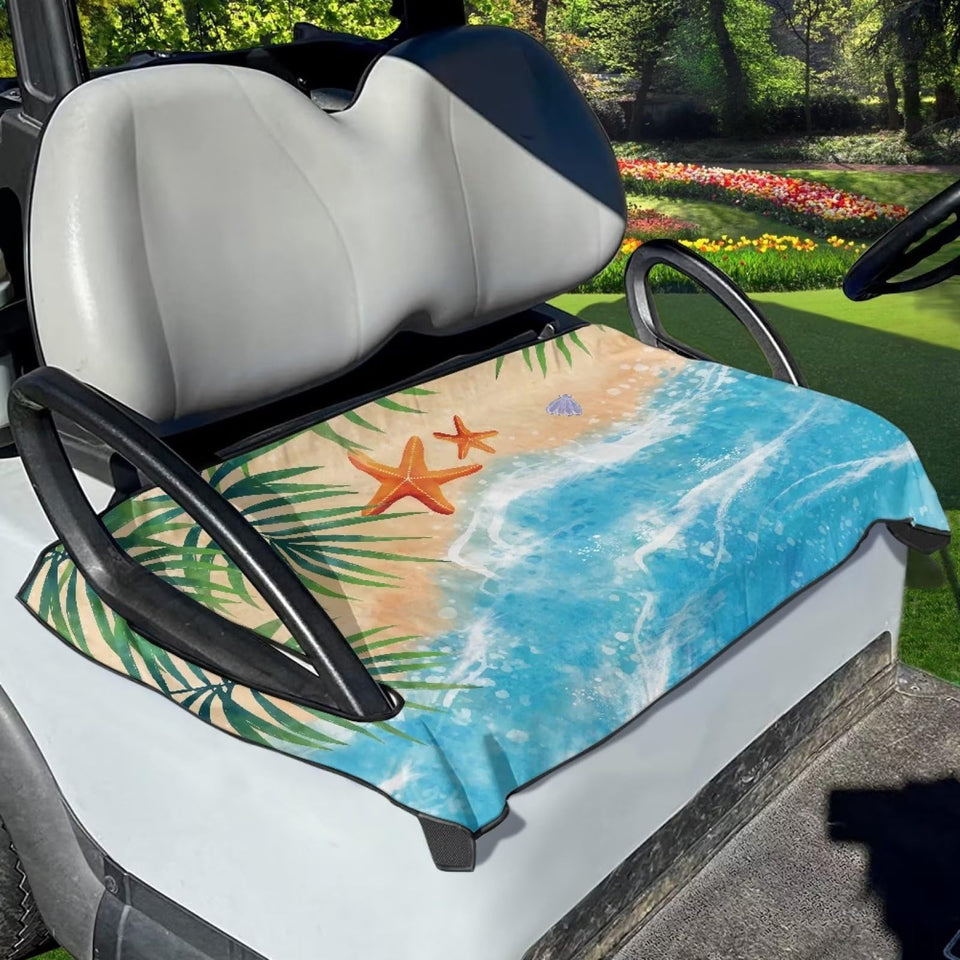 Flashideas Sandy Shore seat cover on a golf cart protects seats and keeps them clean.
