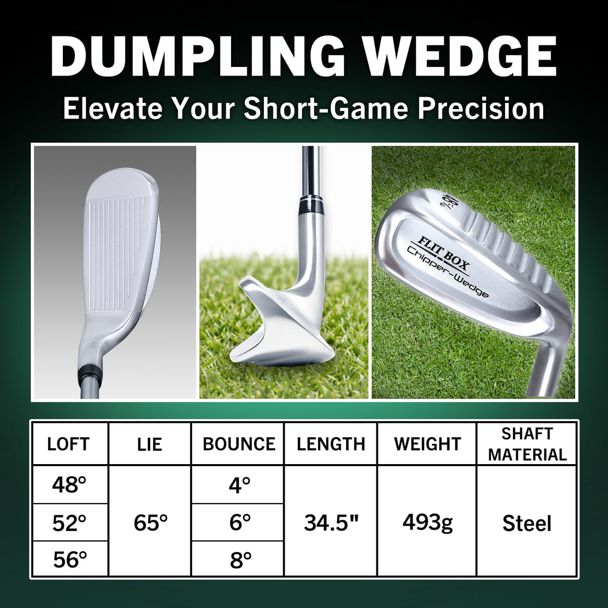 FLIT BOX Dumpling Wedge versatile short-game tool suitable for apron, fringe, rough, or bunker shots.