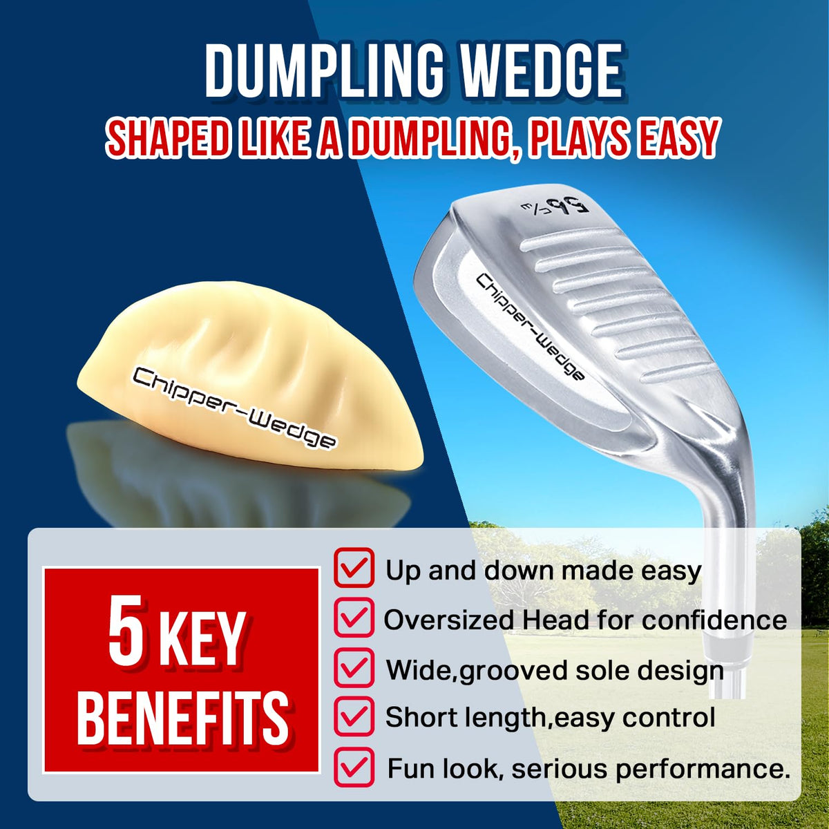 FLIT BOX Dumpling Wedge wide sole glides through turf on mis-hits, reducing bounce.